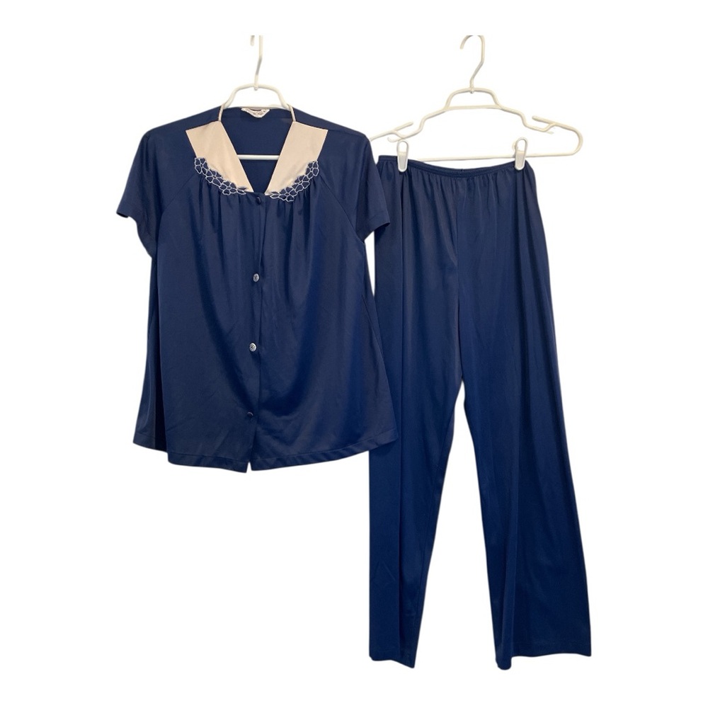 Vanity Fair Blue  2pc. Silky Nylon Pajama Set Short Sleeve Size Med USA Vintage